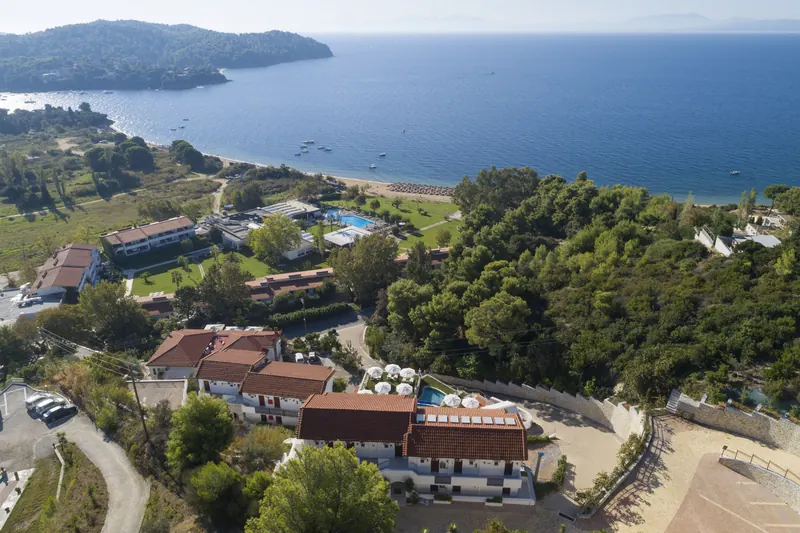Aerial view of the hotel above the sandy bay of Agia Paraskevi and Platanias