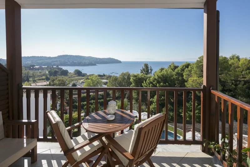 Balcony table looking over the bay of Agia Paraskevi
