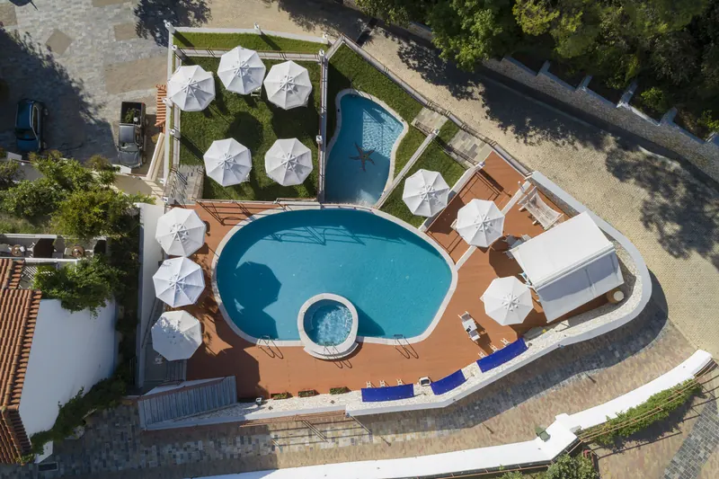 La piscina e gli ombrelloni visti dall’alto