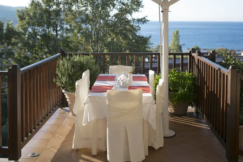 A table on The View restaurant's terrace above the sea